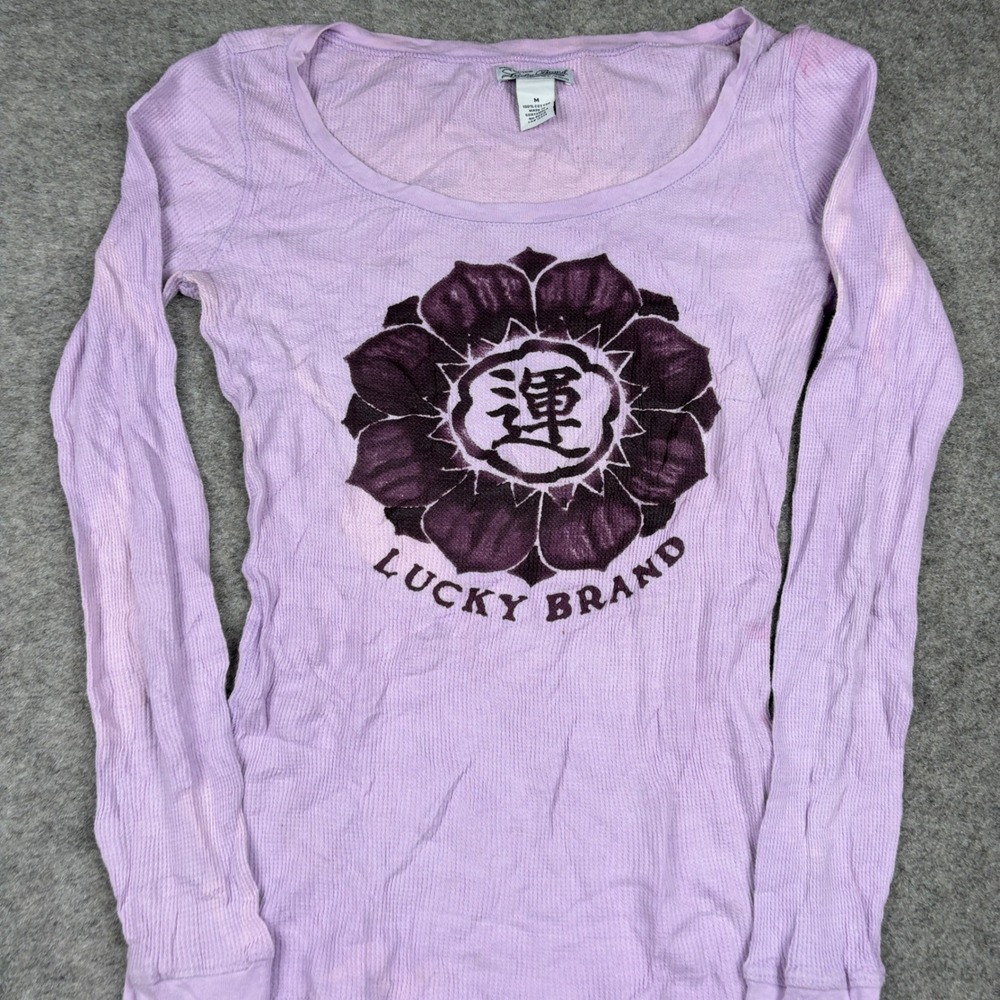 Lucky Brand Thermal Shirt Women Medium Purple Y2K Flower Graphic Waffle Knit - Picture 3 of 14